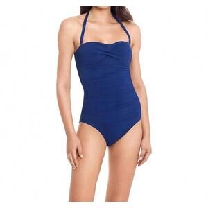 NEW RALPH LAUREN beach club solid twist bandeau one-piece in dark blue